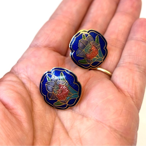 Vintage Cloisonné Pierced Earrings Floral Design - Picture 5 of 5